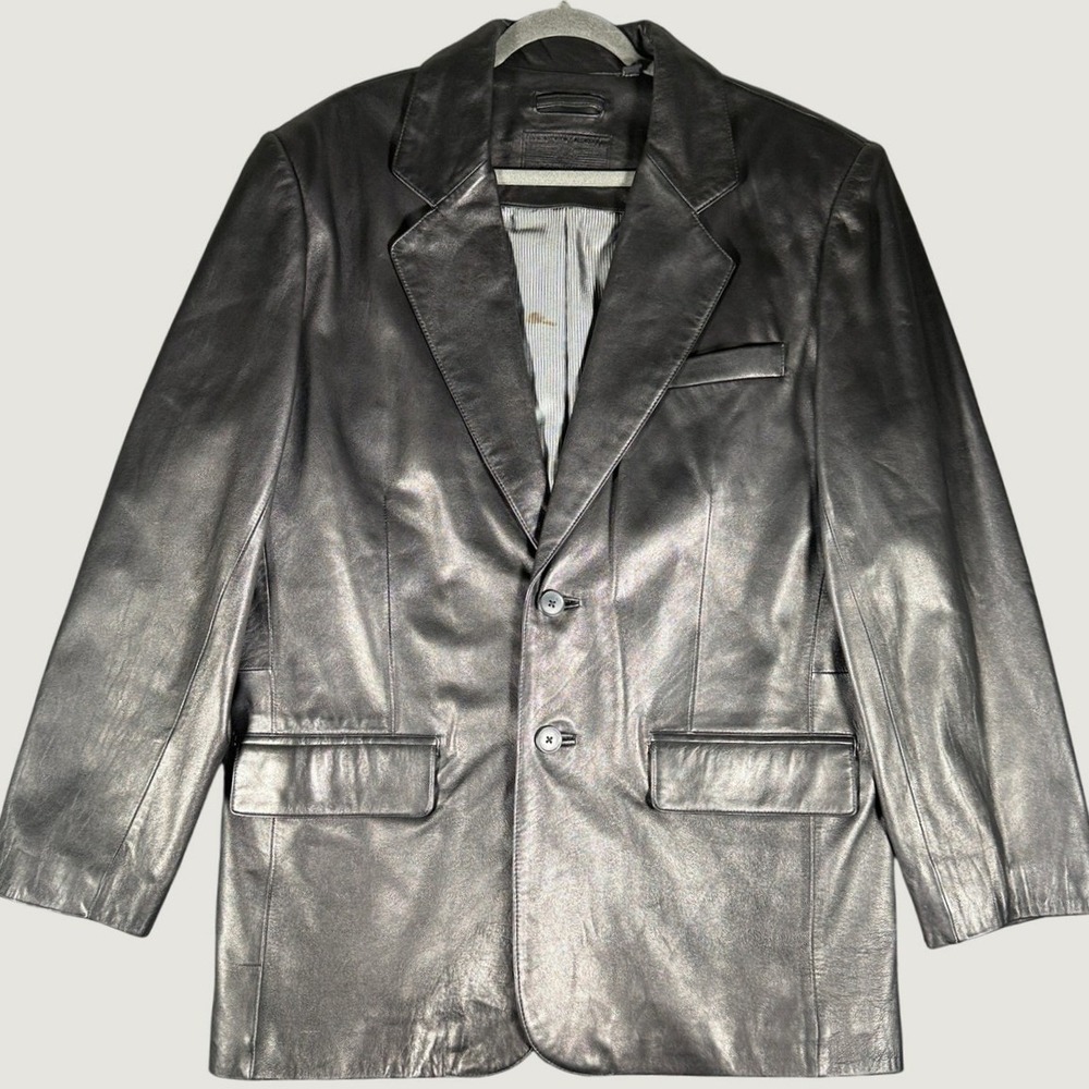 Roundtree & Yorke Mens Black Lambs Skin Leather Blazer Jacket L Two Button 13089